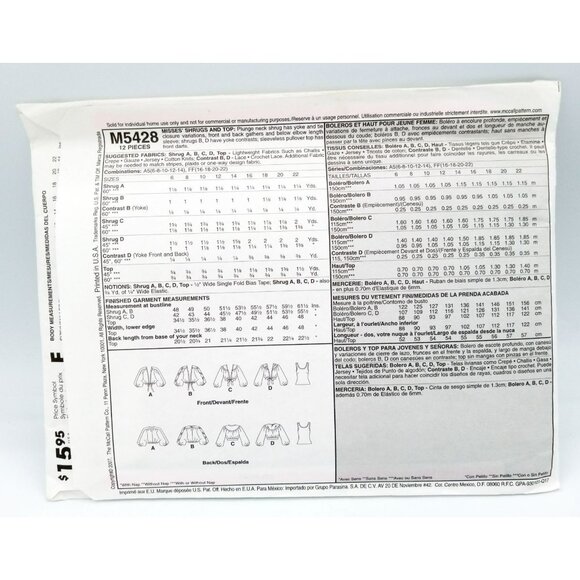 Misses Shrug Top McCalls Pattern M5428 Size A5 6,8,10,12,14 2007 Sewing Uncut - Picture 3 of 3
